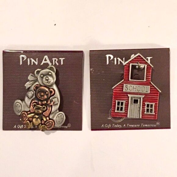 NEW Pin Brooch Pin Art Teddy Bear Trio & School House Lot of 2 Made in USA - Picture 1 of 6